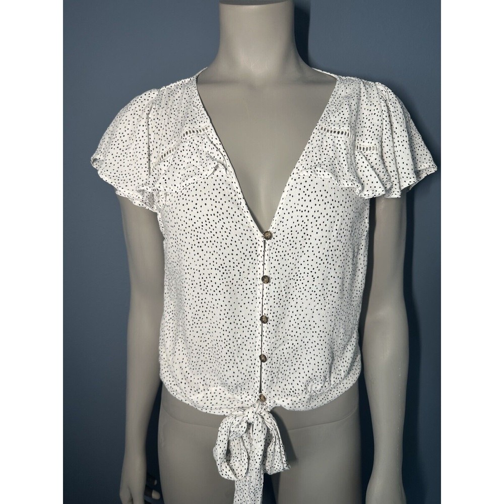 Express Women's Top - White & Black Dot - Small - Crop - Button - Up - Tie Waist